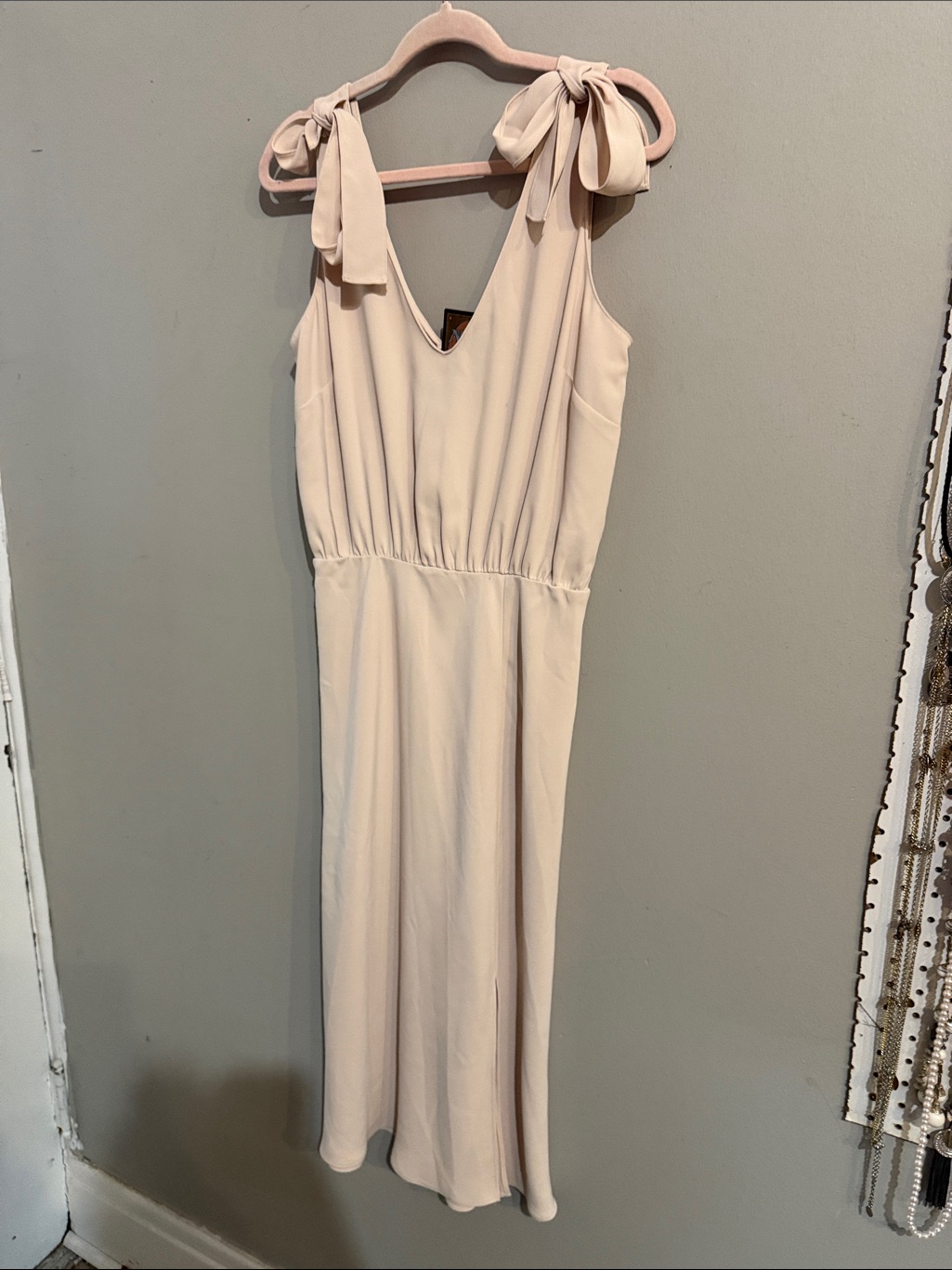 Amanda Uprichard Soft Beige Tie-Shoulder V-Neck Midi Dress